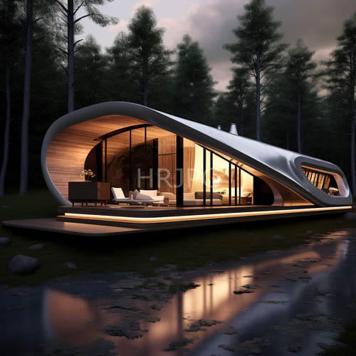 nestled within pine woodland lies curved wooden retreat