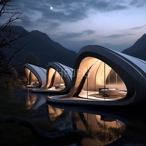 futuristic concrete pods stand near reflective forest waterways