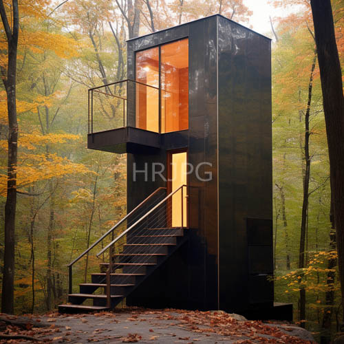 rectangular black metal siding contrasts with autumn foliage