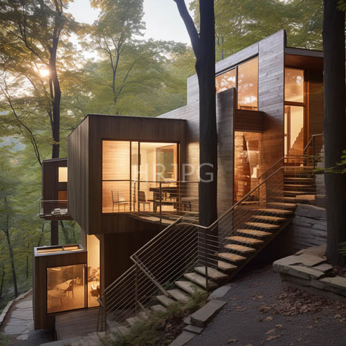 multi level wooden cladding characterizes this forest home