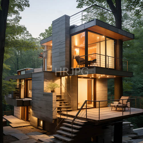 dusk settles over this two story concrete residence