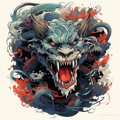 glowing red eyes glare from enraged dragon beasts