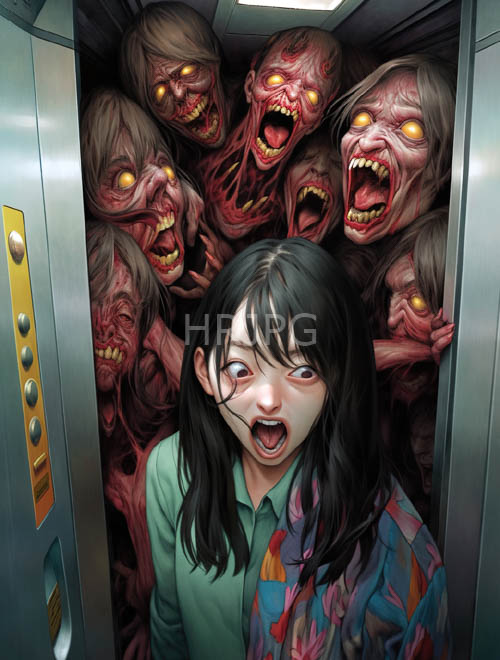 grotesque zombie figures surround girls inside cramped elevators