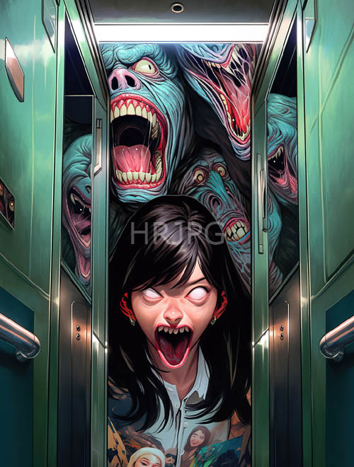 green light bathes elevator interiors with blue monsters
