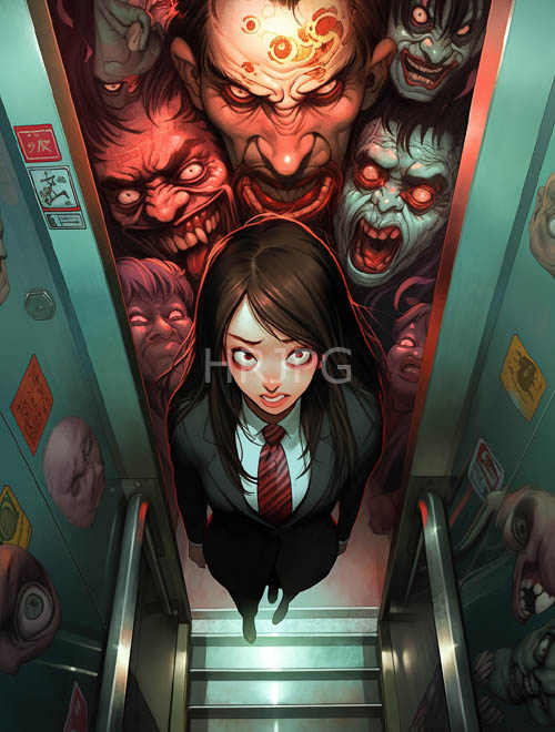 descending elevator shafts women walk past ghost figures