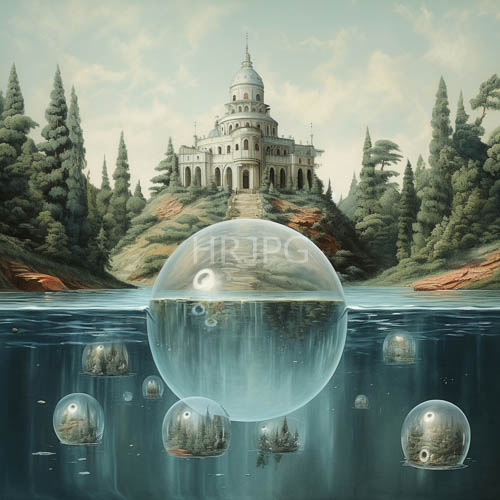 transparent bubbles float across surreal miniature forest landscape