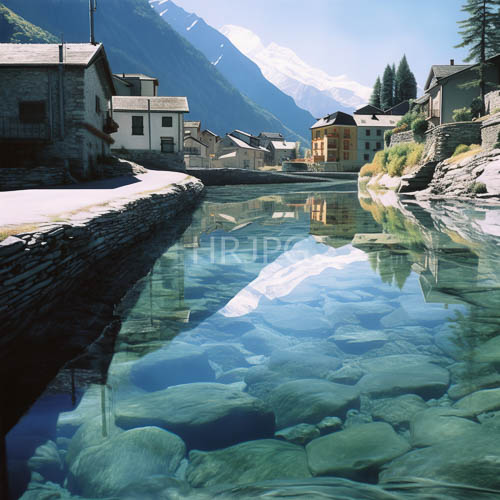 stone buildings reflect clearly in alpine village waters