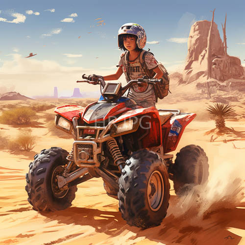 asian riders steer red all terrain desert vehicles