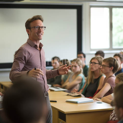 brown haired instructors animate lectures before attentive students