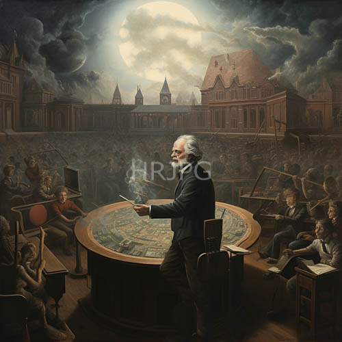 elderly men stand beside large circular globe maps