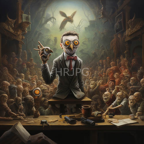 anthropomorphic owls stand at cluttered victorian academic desks