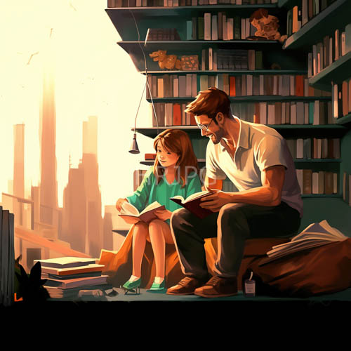 adults read upon library shelves during city sunsets