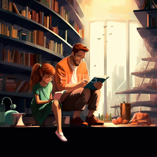 library readers sit among colorful stacks during sunlight