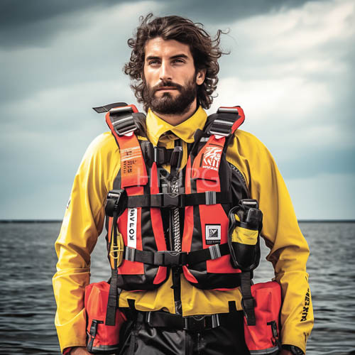 muscular bearded men wear yellow safety life jackets