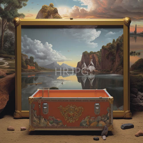 complexly designed chests sit before framed cliff paintings