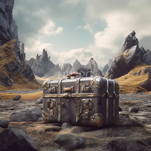 High Resolution: Antique Leather Suitcases Rest Upon Rugged Mountain Terrain download. | HRJPG.com