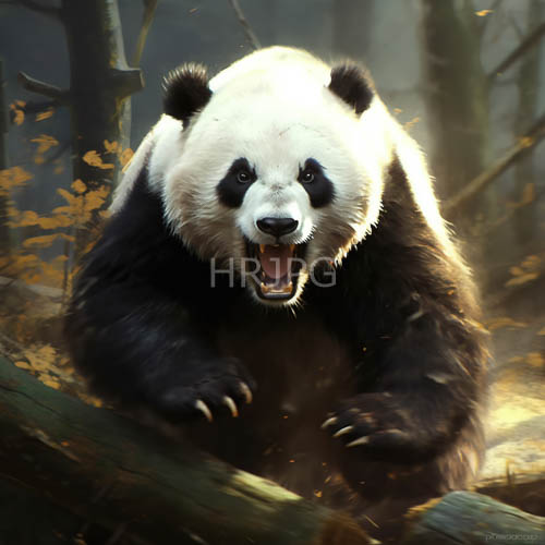 giant pandas roar within golden autumn forest logs