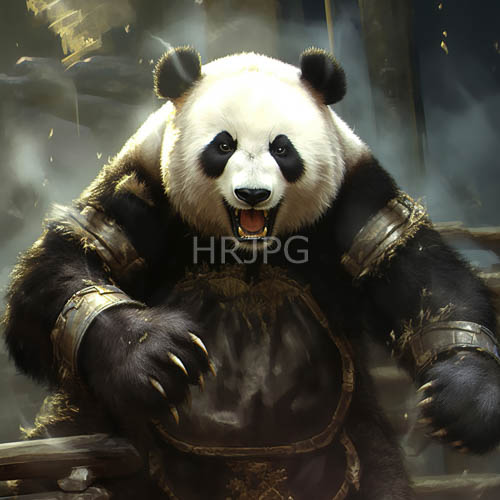 anthropomorphic giant panda warriors stand within misty forests