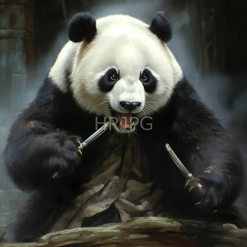 anthropomorphic giant pandas grip knives within misty shadows