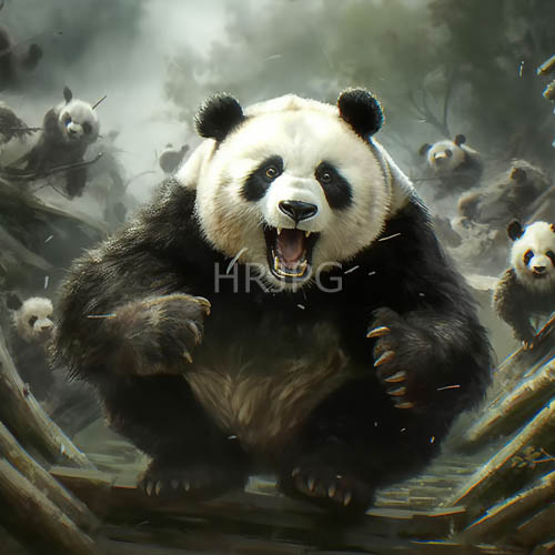 High Resolution: Aggressive Large Pandas Stand On Dense Misty Logs download. | HRJPG.com
