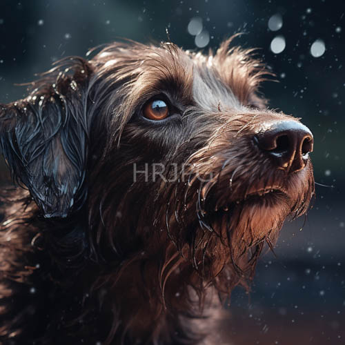 wet brown dogs gaze toward soft falling snow
