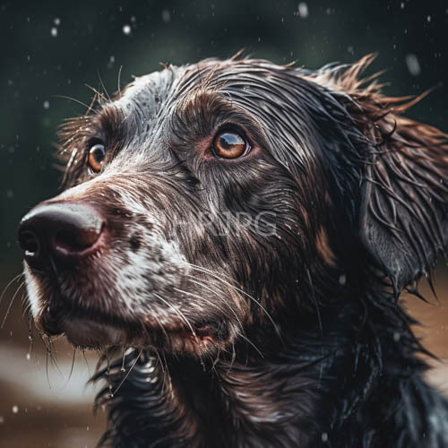 wet medium sized dogs gaze toward falling snow
