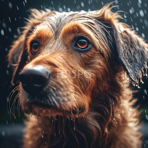 wet brown black dogs gaze during rain showers