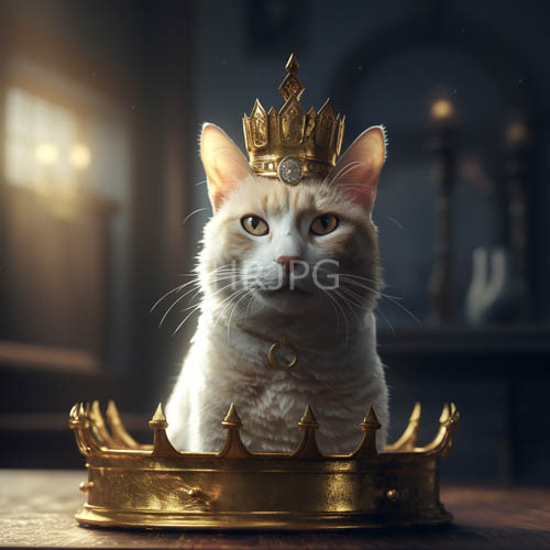 regal orange white felines sit with golden crowns