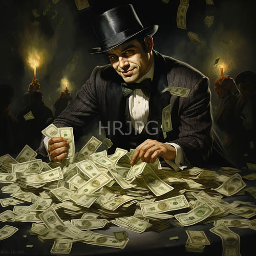victorian gentlemen in striped suits pile dollar bills