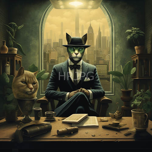 High Resolution: Anthropomorphic Cats In Blue Suits Work At Desks download. | HRJPG.com