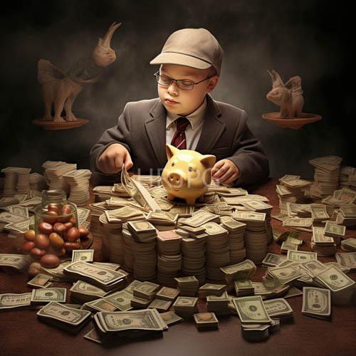 asian boys pour money into piggy bank banks