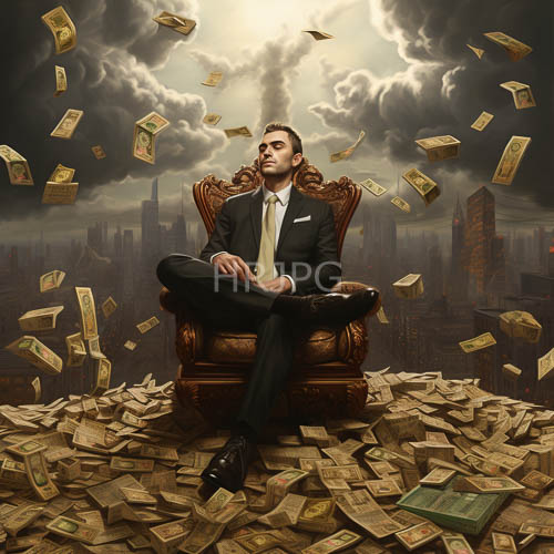asian men sit upon golden thrones amidst currency