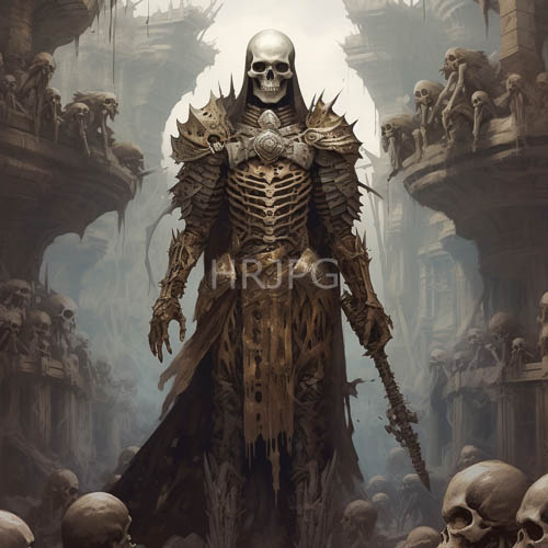 skeletal warriors stand amidst ancient ruins and skulls