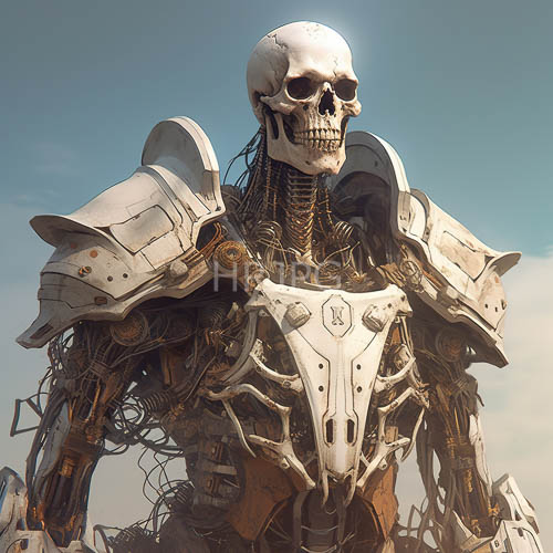 skeletal warriors with exposed mechanical wires stand defiantly