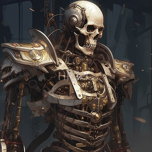 precisely woven humanoid robots with skeletal designs stand proud