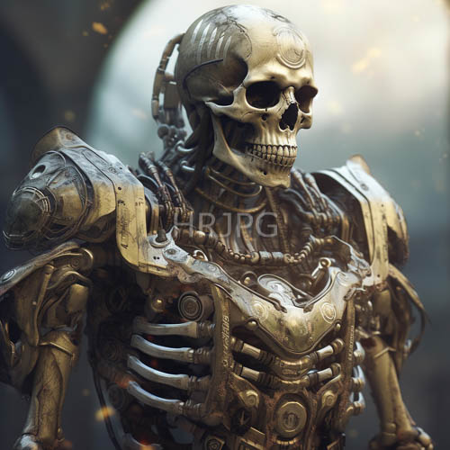 cybernetic skeletons with metallic armor plates show parts