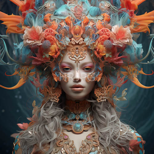 pale skinned women with vibrant floral headdresses stand
