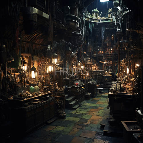 medieval market stalls contain vintage tools and wares