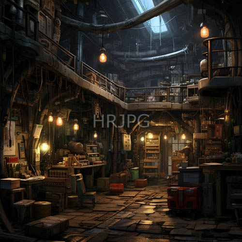 industrial workshops glow with warm hanging yellow lights