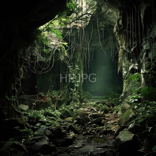 abundant green caves obscure dark rocky wall entrances