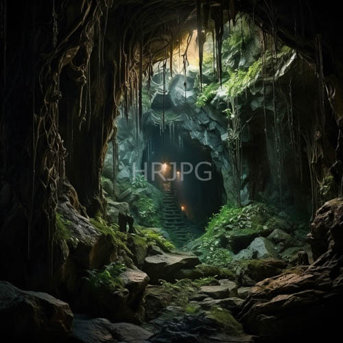 moss covered cave entrances are illuminated by torches