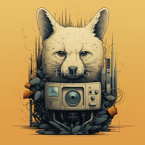anthropomorphic fox heads sit atop vintage camera wires