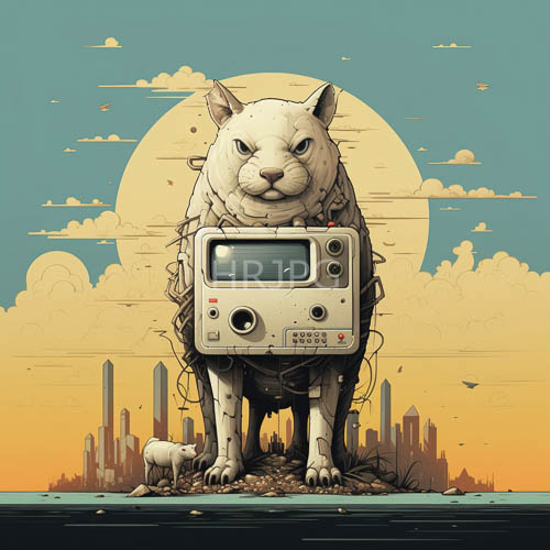 anthropomorphic white cats stand upon rocky city terrain