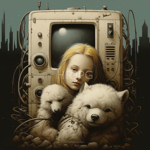 airy light blonde girls nestle between fluffy white puppies