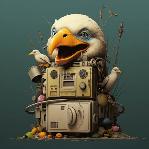 anthropomorphic eagles express joy atop vintage stacked equipment