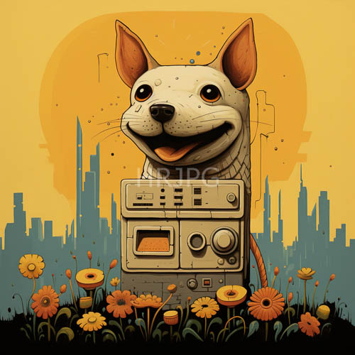 anthropomorphic white dogs sit atop vintage radio equipment