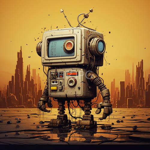 boxy robots with weathered metallic textures stand firm