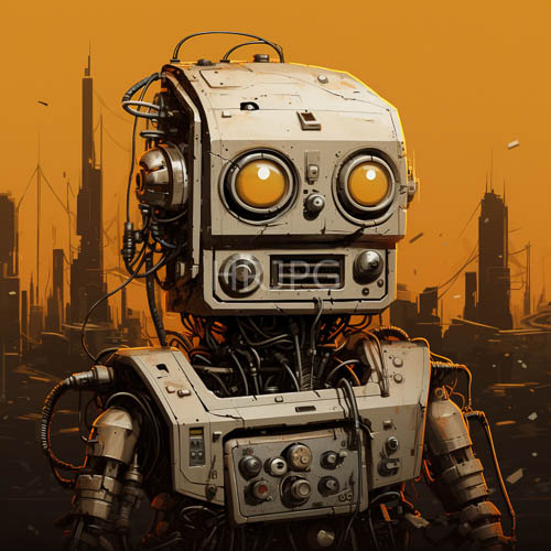 High Resolution: Rectangular Metallic Figures Confront Ominous Orange Urban Skies download. | HRJPG.com