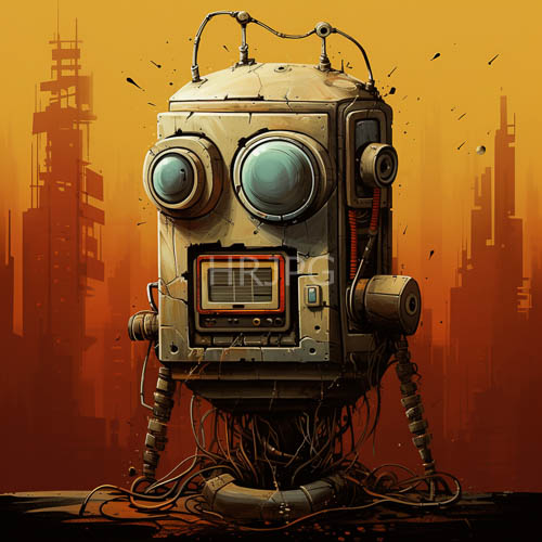 distressed automata occupy foreground of vibrant twilight skyscape