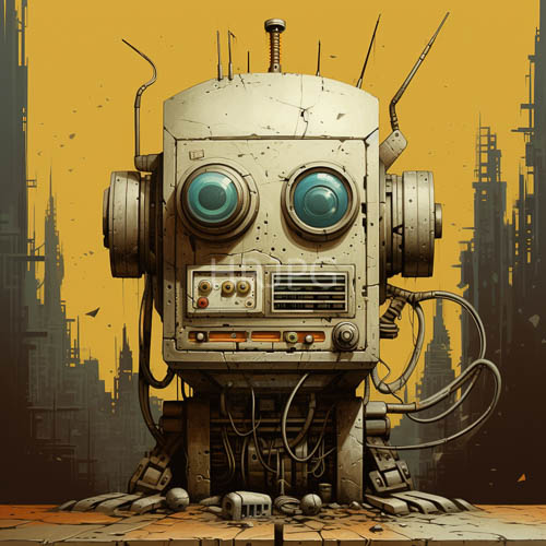etched metallic automatons occupy foreground of vibrant twilight